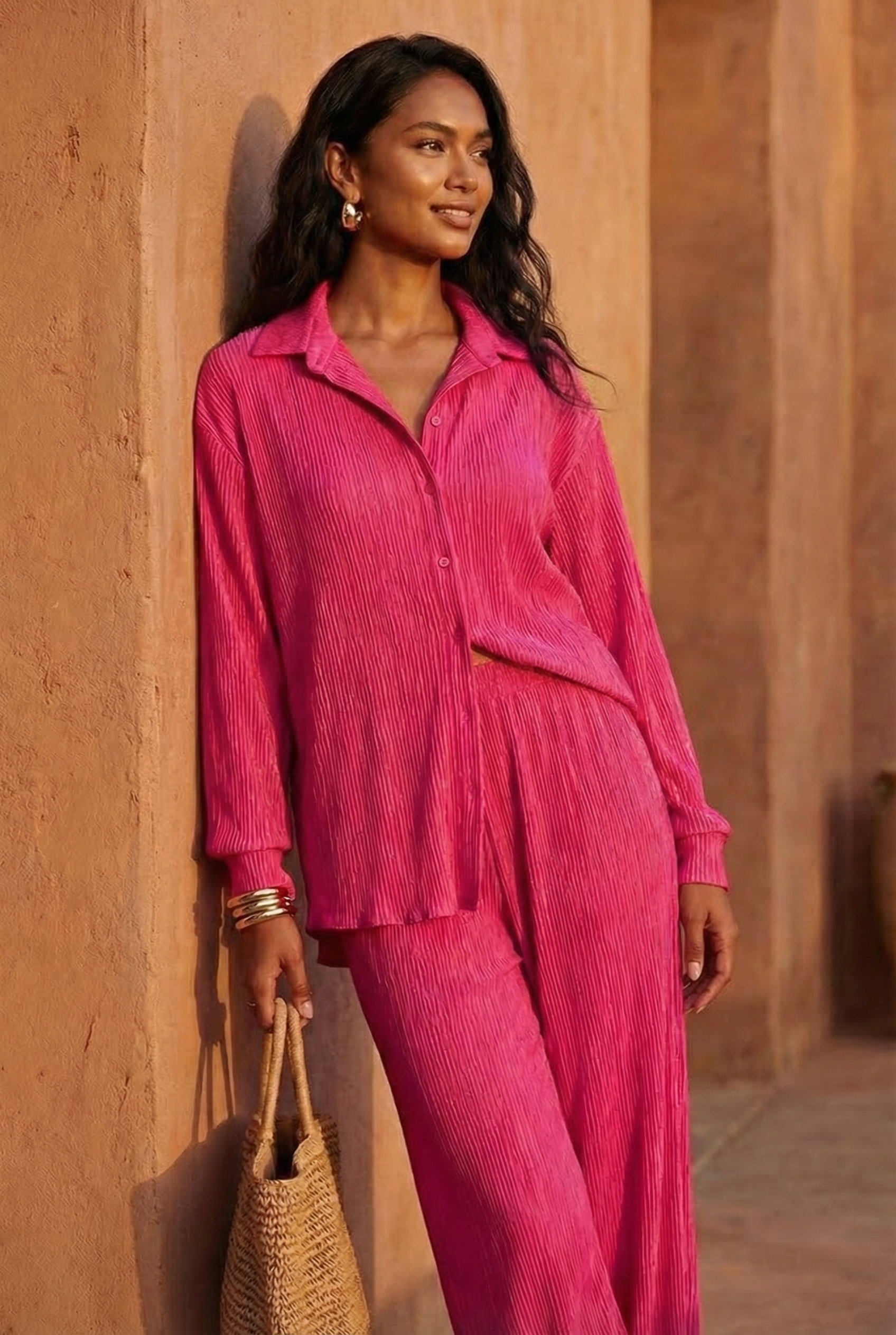 Button Down Lounge 2pc Wide Leg Pant Set — 3